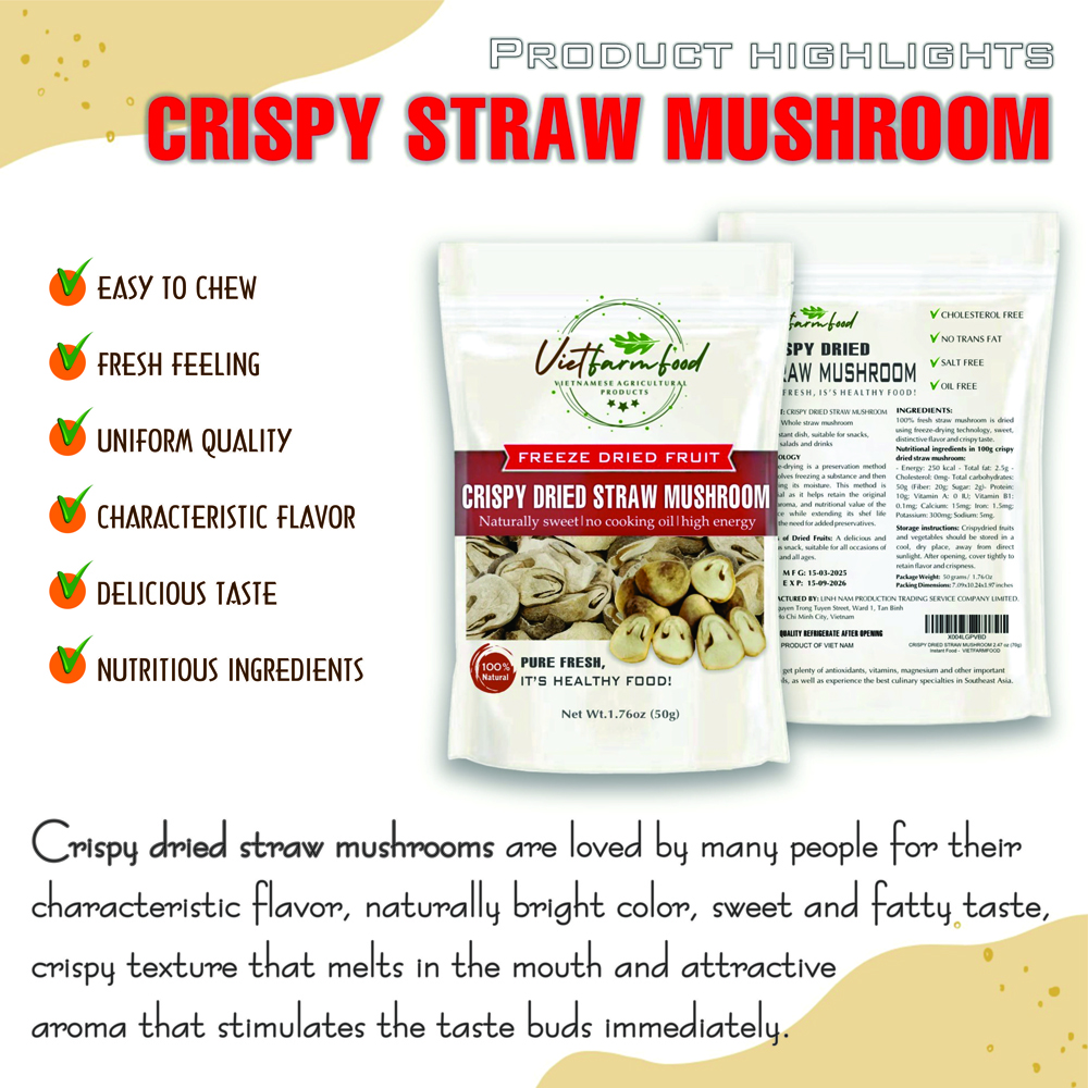 CRISPY STRAW MUSHROOM 1.76 oz (50g) VIETFARMFOOD: Freeze-dried, No Sugar Added, Naturally Sweet, Convenient Packaging, Many Nutrients Beneficial To Health, Suitable For Snacking Or As A Gift.