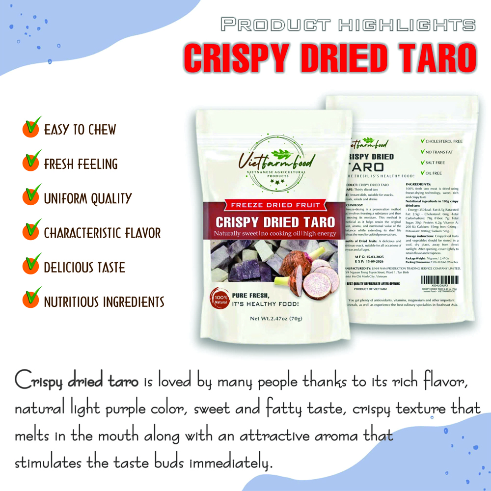 CRISPY DRIED TARO 2.47 oz (70g) VIETFARMFOOD: Freeze-dried, No Sugar Added, Naturally Sweet, Convenient Packaging, Many Nutrients Beneficial To Health, Suitable For Snacking Or As A Gift.