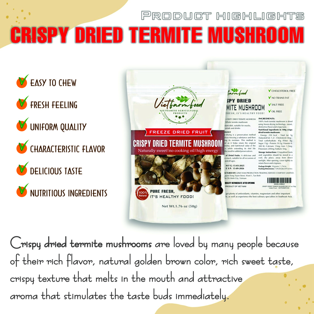 CRISPY TERMITE MUSHROOM 1.76 oz (50g) VIETFARMFOOD: Freeze-dried, No Sugar Added, Naturally Sweet, Convenient Packaging, Many Nutrients Beneficial To Health, Suitable For Snacking Or As A Gift.