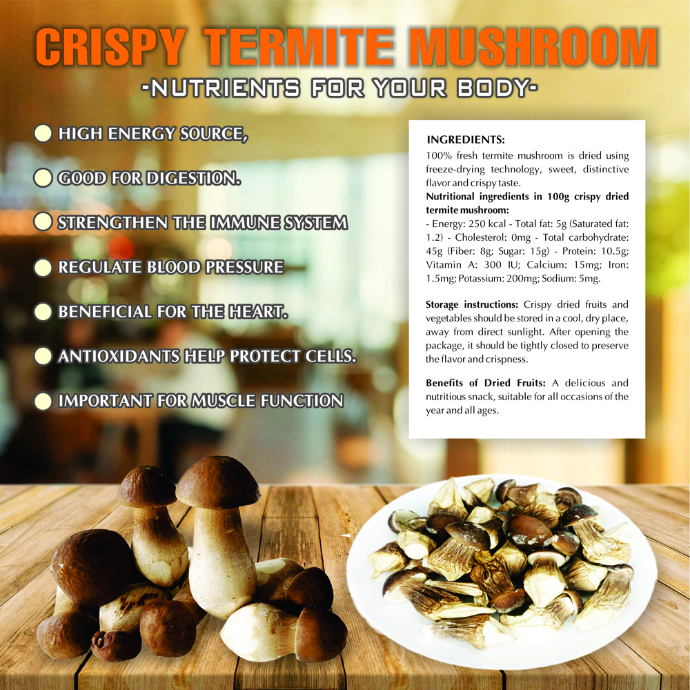 CRISPY TERMITE MUSHROOM 1.76 oz (50g) VIETFARMFOOD: Freeze-dried, No Sugar Added, Naturally Sweet, Convenient Packaging, Many Nutrients Beneficial To Health, Suitable For Snacking Or As A Gift.