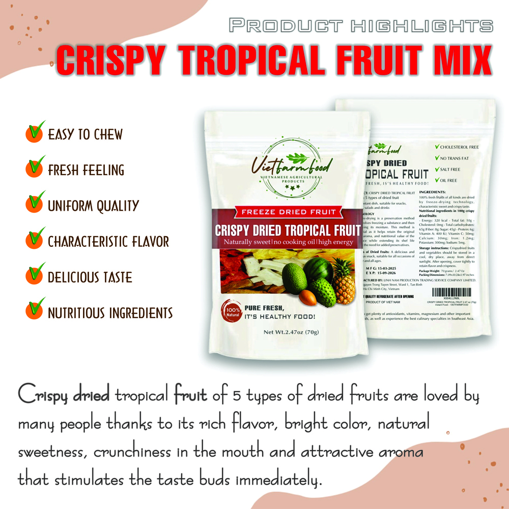 CRISPY TROPICAL FRUIT MIX 2.47oz (70g) VIETFARMFOOD: Freeze-dried, No Sugar Added, Naturally Sweet, Convenient Packaging, Many Nutrients Beneficial To Health, Suitable For Snacking Or As A Gift