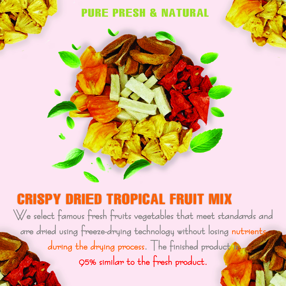 CRISPY TROPICAL FRUIT MIX 2.47oz (70g) VIETFARMFOOD: Freeze-dried, No Sugar Added, Naturally Sweet, Convenient Packaging, Many Nutrients Beneficial To Health, Suitable For Snacking Or As A Gift