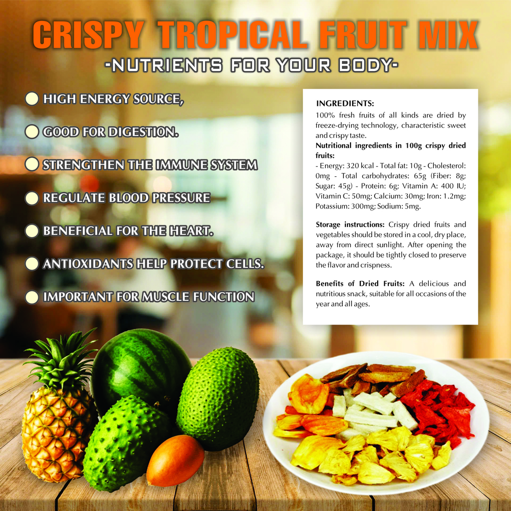 CRISPY TROPICAL FRUIT MIX 2.47oz (70g) VIETFARMFOOD: Freeze-dried, No Sugar Added, Naturally Sweet, Convenient Packaging, Many Nutrients Beneficial To Health, Suitable For Snacking Or As A Gift