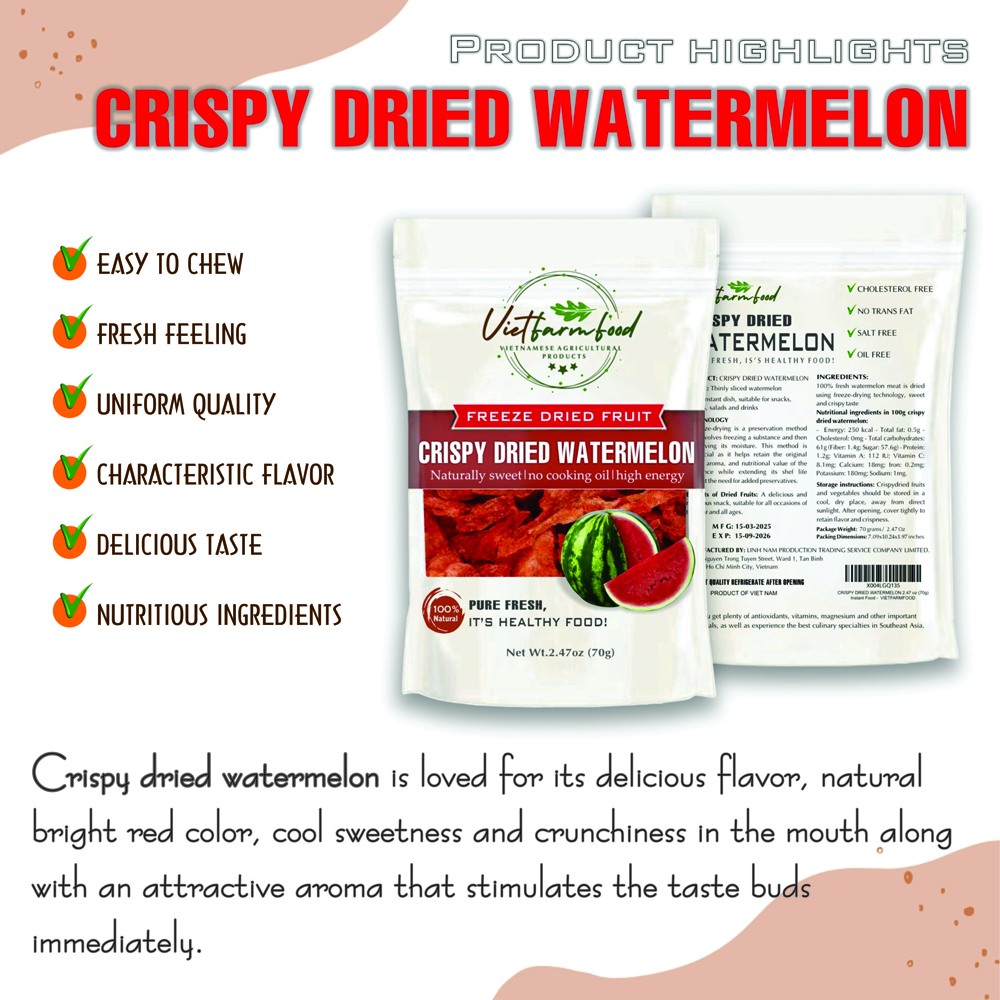 CRISPY DRIED WATERMELON 2.47 oz (70g) VIETFARMFOOD: Freeze-dried, No Sugar Added, Naturally Sweet, Convenient Packaging, Many Nutrients Beneficial To Health, Suitable For Snacking Or As A Gift.