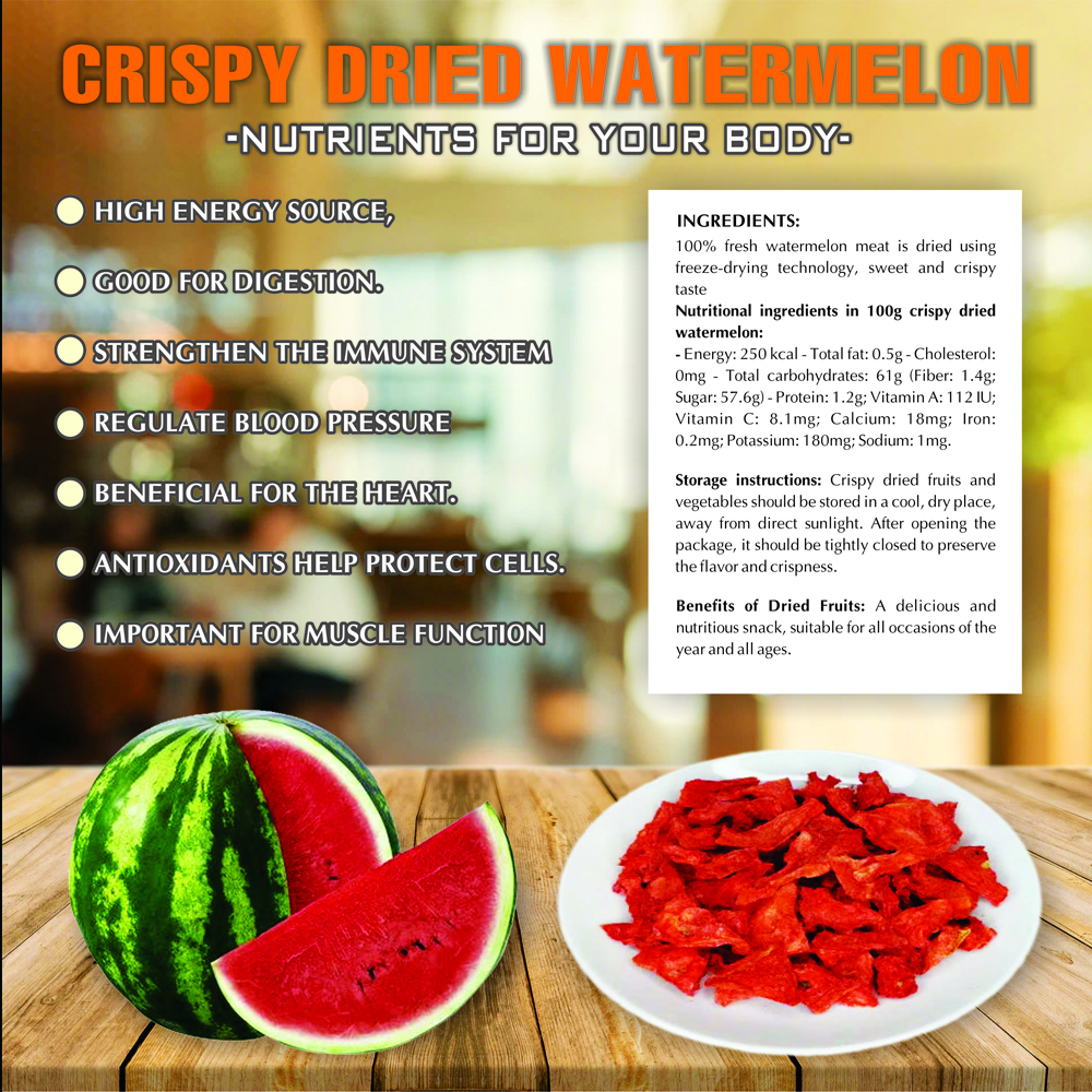 CRISPY DRIED WATERMELON 2.47 oz (70g) VIETFARMFOOD: Freeze-dried, No Sugar Added, Naturally Sweet, Convenient Packaging, Many Nutrients Beneficial To Health, Suitable For Snacking Or As A Gift.