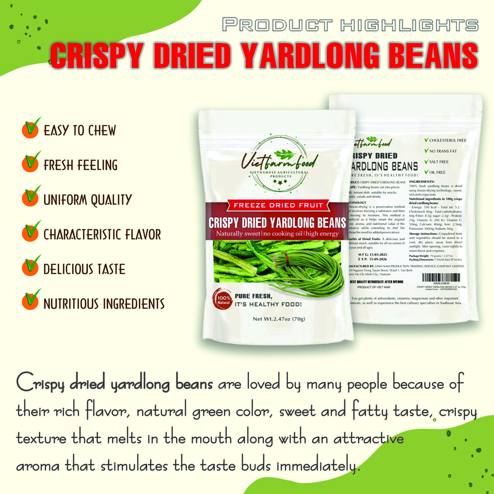 CRISPY DRIED YARDLONG BEANS 2.47 oz (70g) VIETFARMFOOD: Freeze-dried, No Sugar Added, Naturally Sweet, Convenient Packaging, Many Nutrients Beneficial To Health, Suitable For Snacking Or As A Gift.