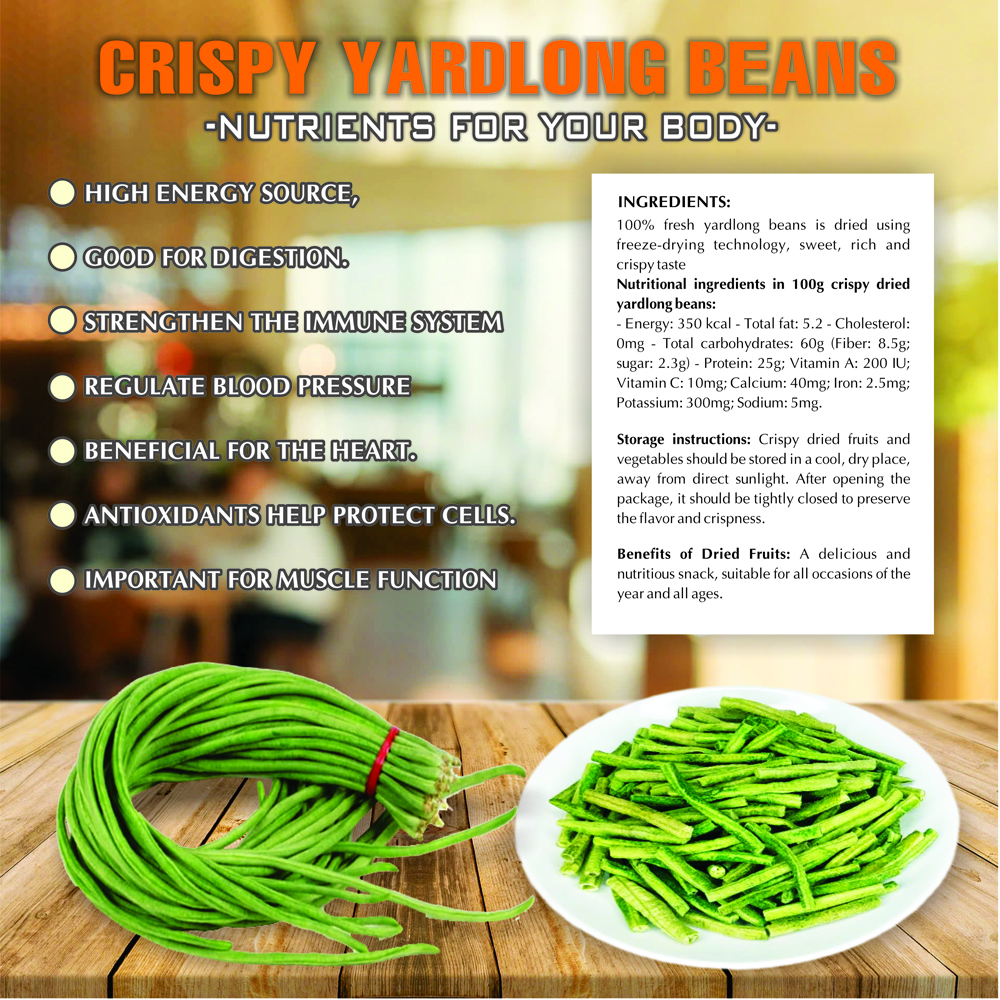CRISPY DRIED YARDLONG BEANS 2.47 oz (70g) VIETFARMFOOD: Freeze-dried, No Sugar Added, Naturally Sweet, Convenient Packaging, Many Nutrients Beneficial To Health, Suitable For Snacking Or As A Gift.