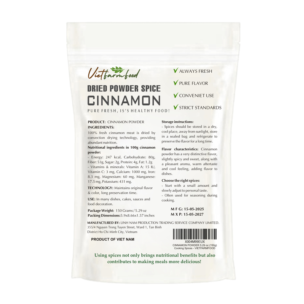CINNAMON BARK POWDER 5.29 Oz (150g) VIETFARMFOOD: Convection dried spices extract pure natural flavor. Convenient packaging, long-term preservation. Used for cooking, baking, salad, soup, sauce.