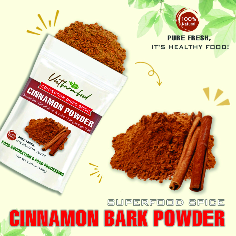 CINNAMON BARK POWDER 5.29 Oz (150g) VIETFARMFOOD: Convection dried spices extract pure natural flavor. Convenient packaging, long-term preservation. Used for cooking, baking, salad, soup, sauce.