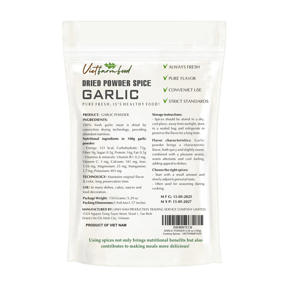 GARLIC POWDER 5.29 Oz (150g) VIETFARMFOOD: Convection dried spices extract pure natural flavor. Convenient packaging, long-term preservation. Used for cooking, baking, salad, soup, sauce.