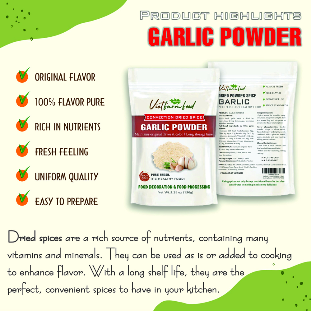 GARLIC POWDER 5.29 Oz (150g) VIETFARMFOOD: Convection dried spices extract pure natural flavor. Convenient packaging, long-term preservation. Used for cooking, baking, salad, soup, sauce.