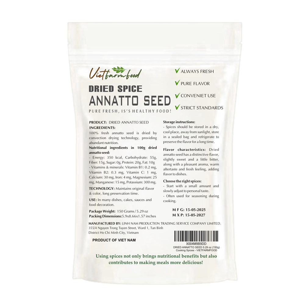 ANNATTO SEED 5.29 Oz (150g) VIETFARMFOOD: Convection dried spices extract pure natural flavor. Convenient packaging, long-term preservation. Used for cooking, baking, salad, soup, sauce.