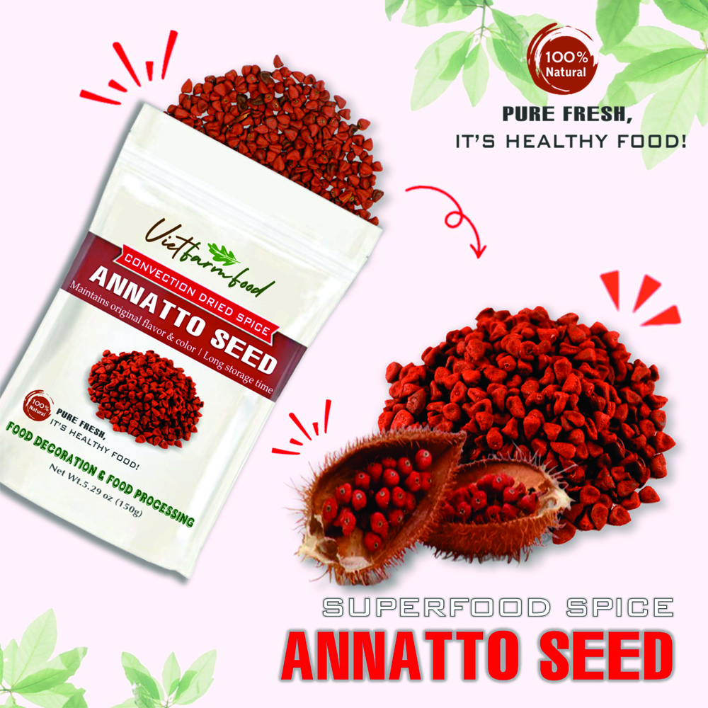 ANNATTO SEED 5.29 Oz (150g) VIETFARMFOOD: Convection dried spices extract pure natural flavor. Convenient packaging, long-term preservation. Used for cooking, baking, salad, soup, sauce.