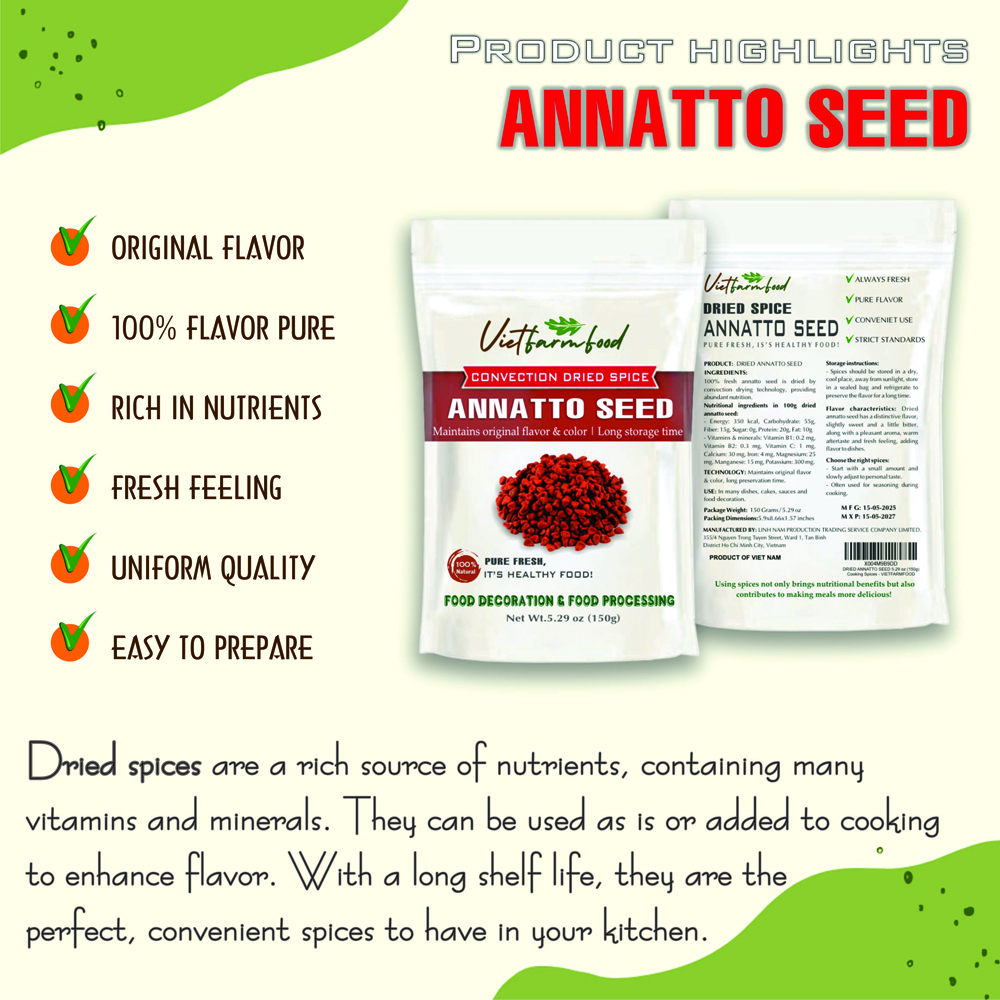 ANNATTO SEED 5.29 Oz (150g) VIETFARMFOOD: Convection dried spices extract pure natural flavor. Convenient packaging, long-term preservation. Used for cooking, baking, salad, soup, sauce.