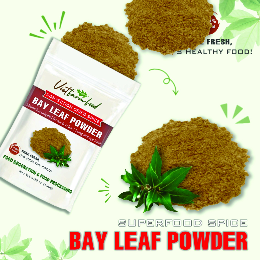BAY LEAF POWDER 5.29 Oz (150g) VIETFARMFOOD: Convection dried spices extract pure natural flavor. Convenient packaging, long-term preservation. Used for cooking, baking, salad, soup, sauce.