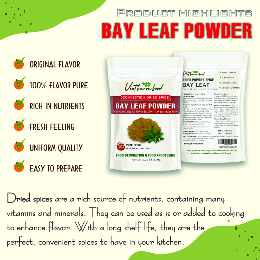 BAY LEAF POWDER 5.29 Oz (150g) VIETFARMFOOD: Convection dried spices extract pure natural flavor. Convenient packaging, long-term preservation. Used for cooking, baking, salad, soup, sauce.