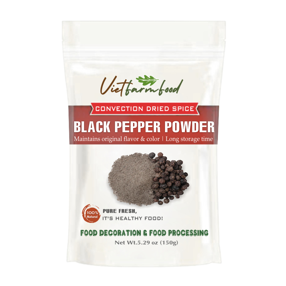 BLACK PEPPER POWDER 5.29 Oz (150g) VIETFARMFOOD: dried spice extract from 100% pure, Convenient Packaging. Long-term Preservation. Used for Processing Cooking, Baking, Salad, Soup, Sauces.
