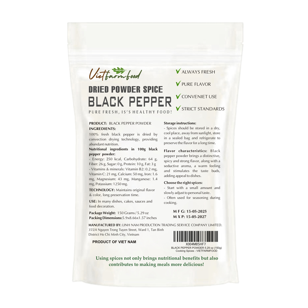 BLACK PEPPER POWDER 5.29 Oz (150g) VIETFARMFOOD: dried spice extract from 100% pure, Convenient Packaging. Long-term Preservation. Used for Processing Cooking, Baking, Salad, Soup, Sauces.