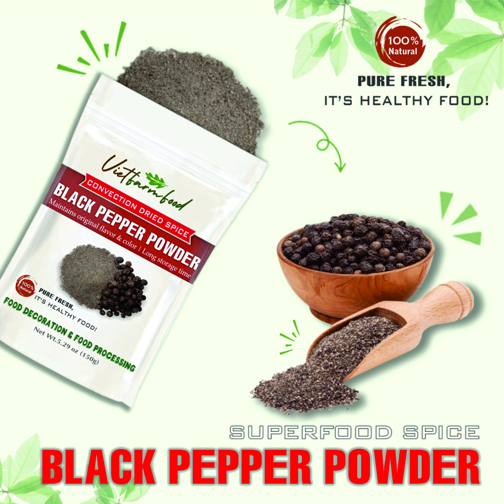 BLACK PEPPER POWDER 5.29 Oz (150g) VIETFARMFOOD: dried spice extract from 100% pure, Convenient Packaging. Long-term Preservation. Used for Processing Cooking, Baking, Salad, Soup, Sauces.