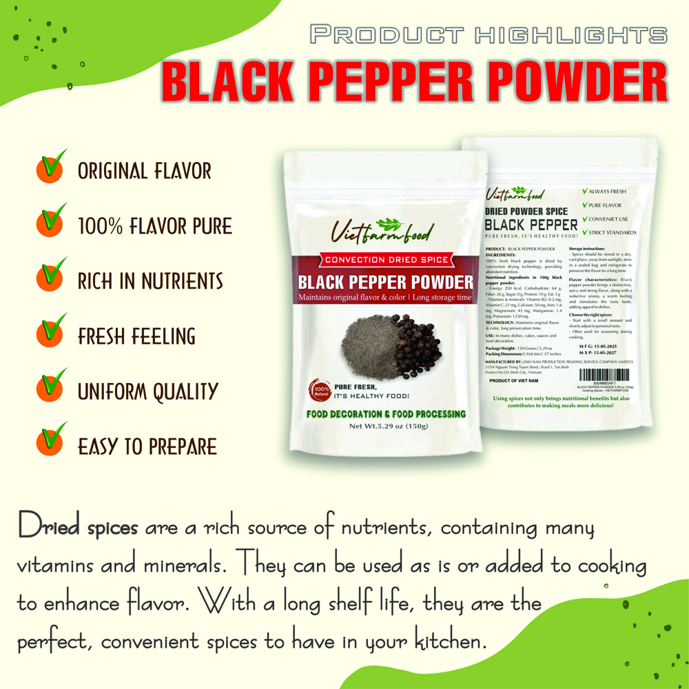 BLACK PEPPER POWDER 5.29 Oz (150g) VIETFARMFOOD: dried spice extract from 100% pure, Convenient Packaging. Long-term Preservation. Used for Processing Cooking, Baking, Salad, Soup, Sauces.
