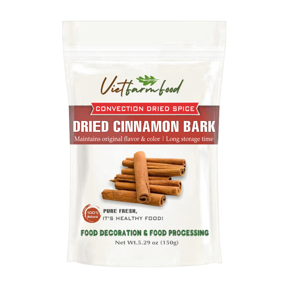 DRIED CINNAMON BARK 5.29 Oz (150g) VIETFARMFOOD: Convection dried spices extract pure natural flavor. Convenient packaging, long-term preservation. Used for cooking, baking, salad, soup, sauce.