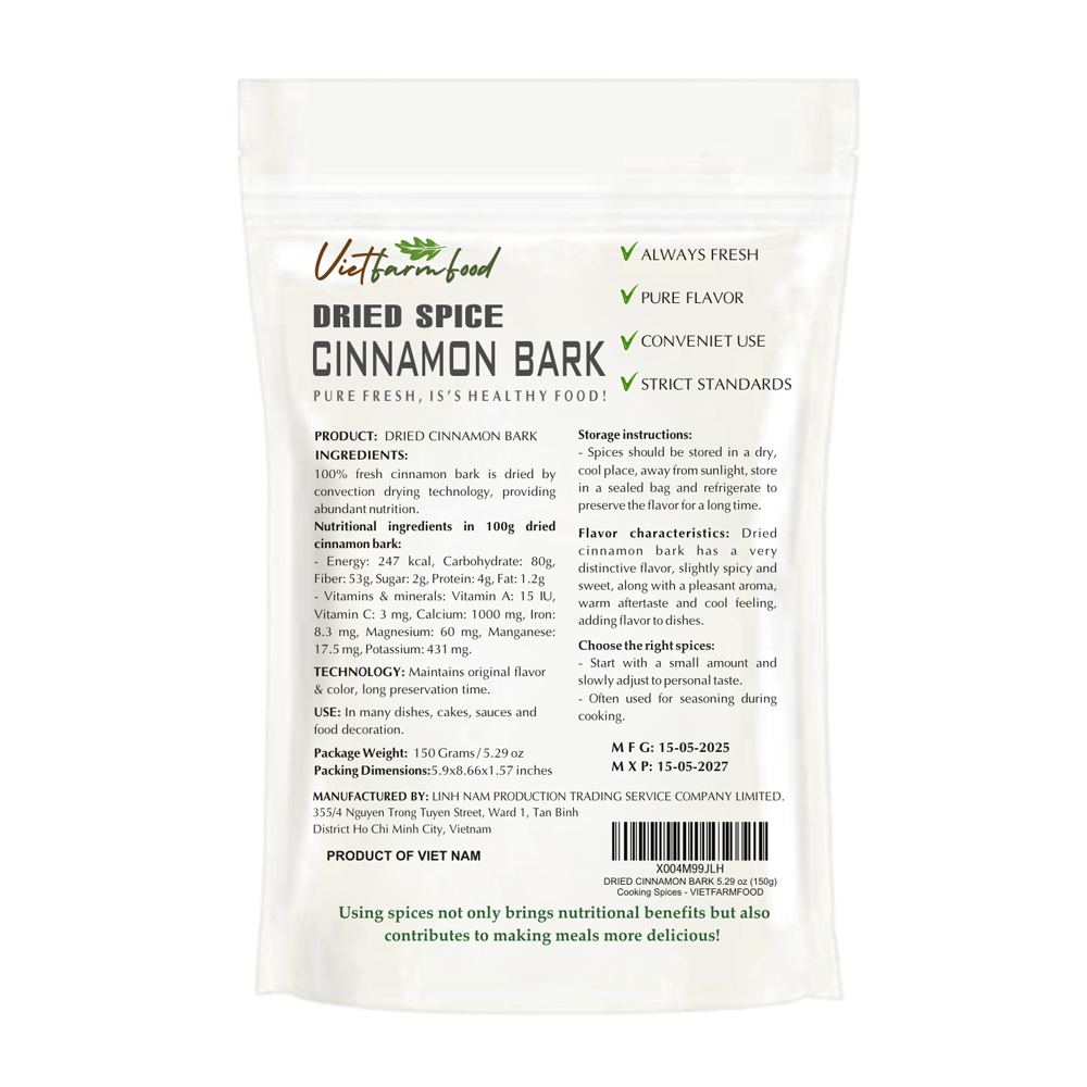 DRIED CINNAMON BARK 5.29 Oz (150g) VIETFARMFOOD: Convection dried spices extract pure natural flavor. Convenient packaging, long-term preservation. Used for cooking, baking, salad, soup, sauce.