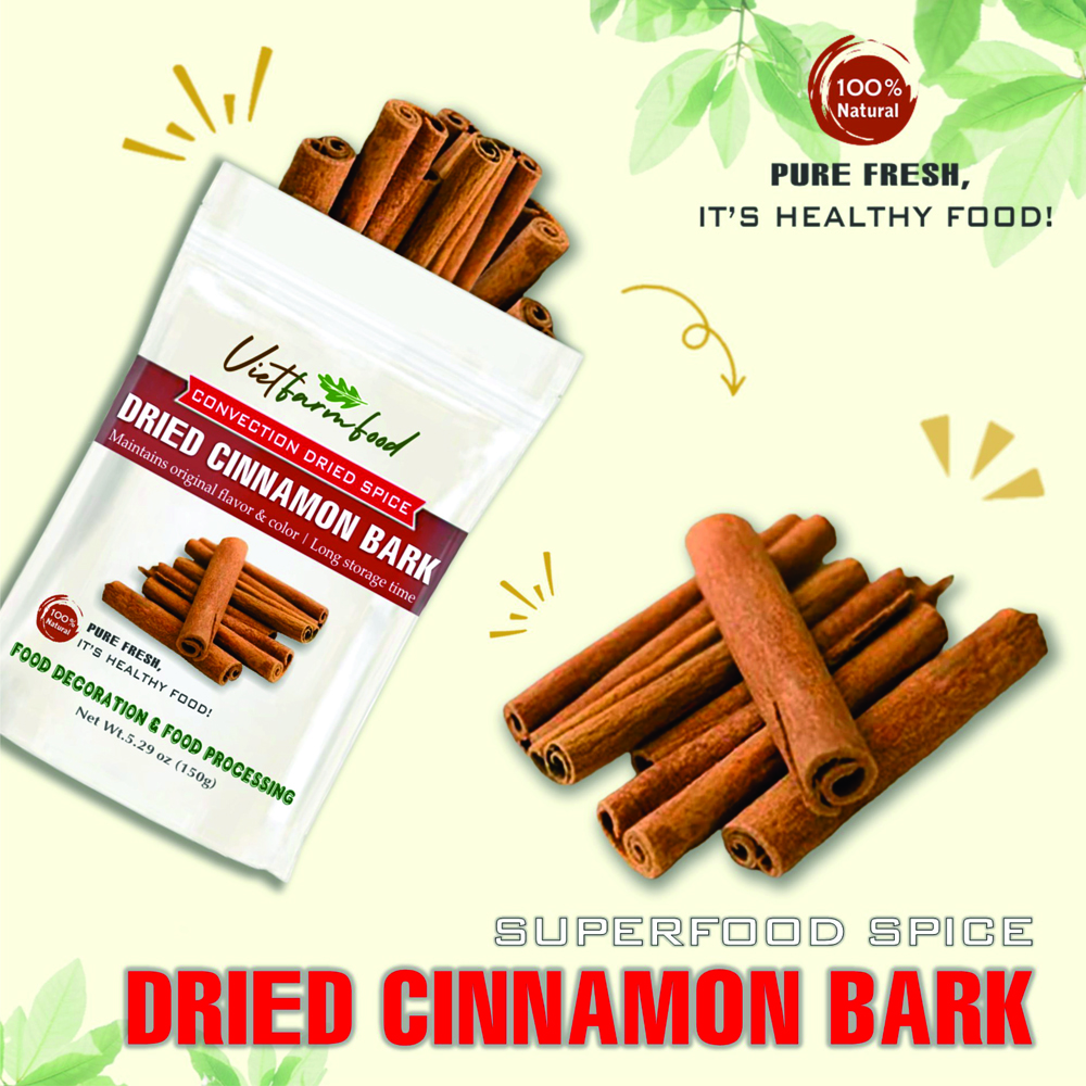 DRIED CINNAMON BARK 5.29 Oz (150g) VIETFARMFOOD: Convection dried spices extract pure natural flavor. Convenient packaging, long-term preservation. Used for cooking, baking, salad, soup, sauce.