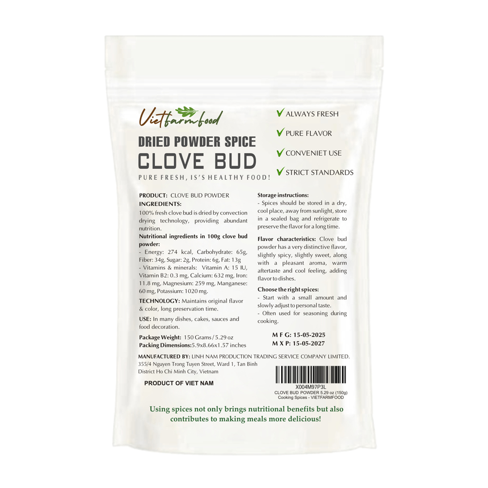CLOVE BUD POWDER 5.29 Oz (150g) VIETFARMFOOD: Convection dried spices extract pure natural flavor. Convenient packaging, long-term preservation. Used for cooking, baking, salad, soup, sauce.