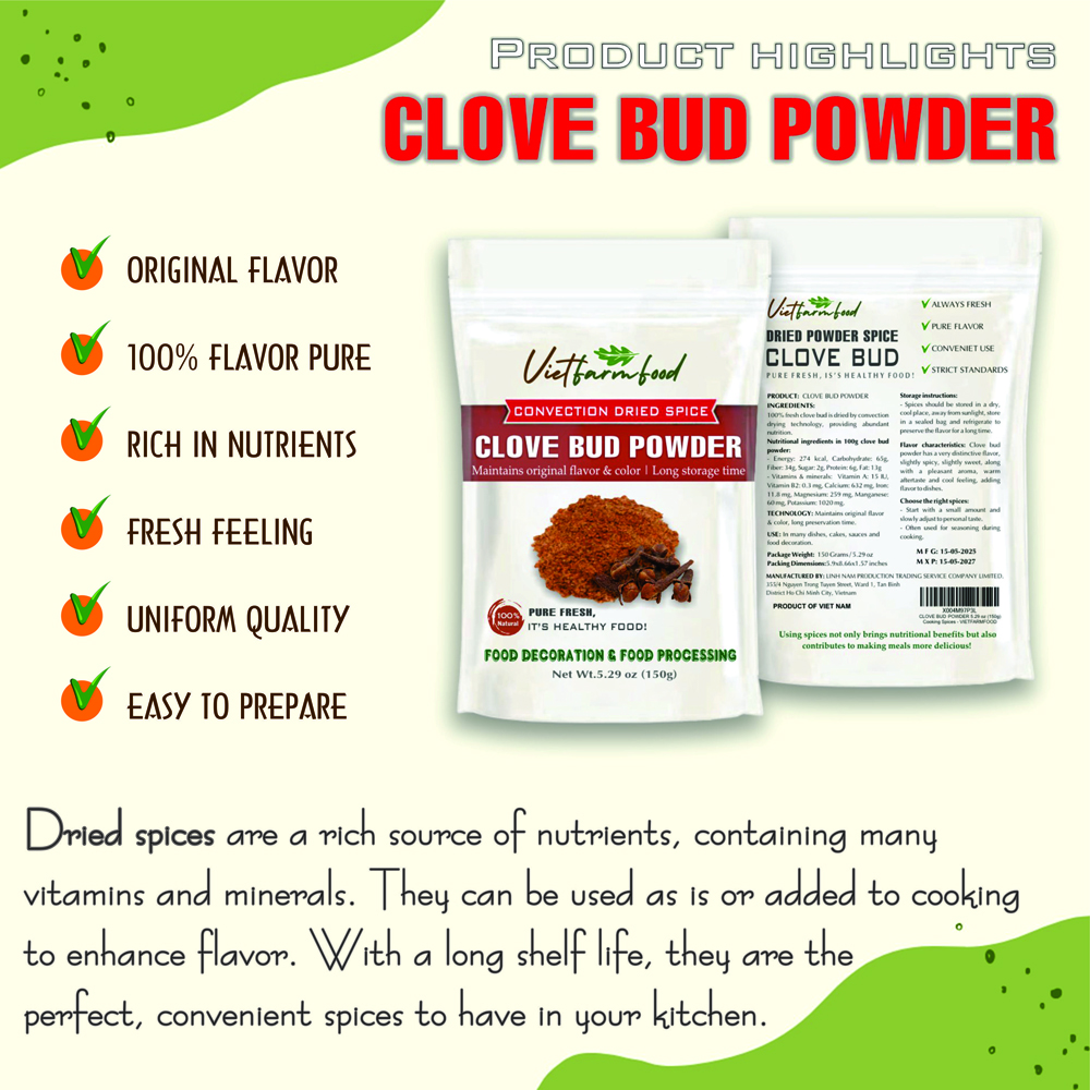 CLOVE BUD POWDER 5.29 Oz (150g) VIETFARMFOOD: Convection dried spices extract pure natural flavor. Convenient packaging, long-term preservation. Used for cooking, baking, salad, soup, sauce.