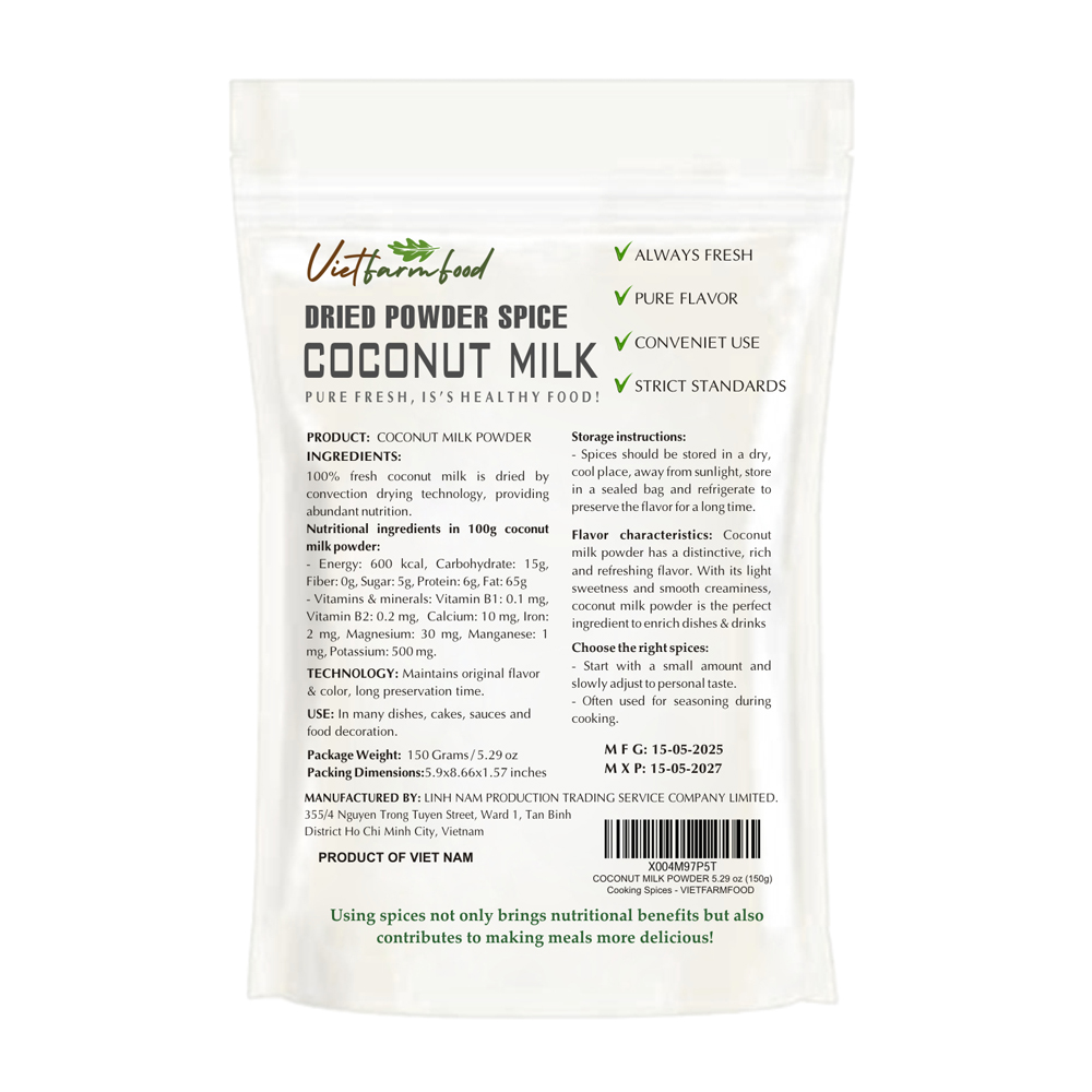 COCONUT MILK POWDER 5.29 Oz (150g) VIETFARMFOOD: Convection dried spices extract pure natural flavor. Convenient packaging, long-term preservation. Used for cooking, baking, salad, soup, sauce.