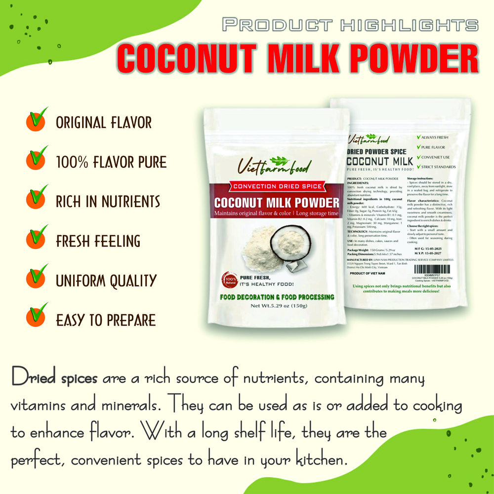 COCONUT MILK POWDER 5.29 Oz (150g) VIETFARMFOOD: Convection dried spices extract pure natural flavor. Convenient packaging, long-term preservation. Used for cooking, baking, salad, soup, sauce.