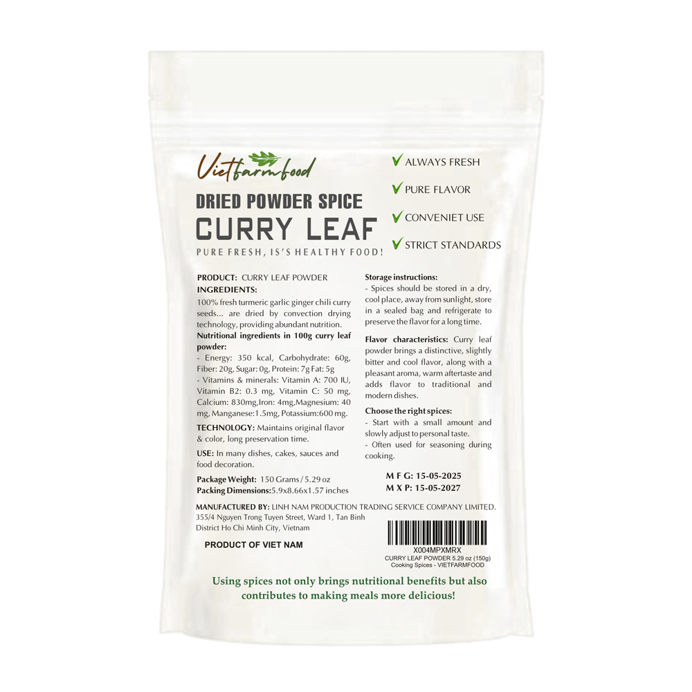 CURRY POWDER 5.29 Oz (150g) VIETFARMFOOD: Convection dried spices extract pure natural flavor. Convenient packaging, long-term preservation. Used for cooking, baking, salad, soup, sauce.