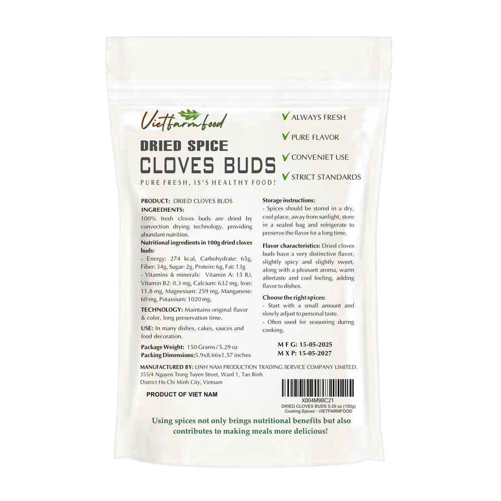 DRIED CLOVE BUDS 5.29 Oz (150g) VIETFARMFOOD: Convection dried spices extract pure natural flavor. Convenient packaging, long-term preservation. Used for cooking, baking, salad, soup, sauce.