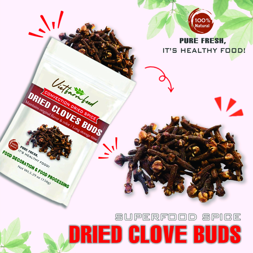 DRIED CLOVE BUDS 5.29 Oz (150g) VIETFARMFOOD: Convection dried spices extract pure natural flavor. Convenient packaging, long-term preservation. Used for cooking, baking, salad, soup, sauce.