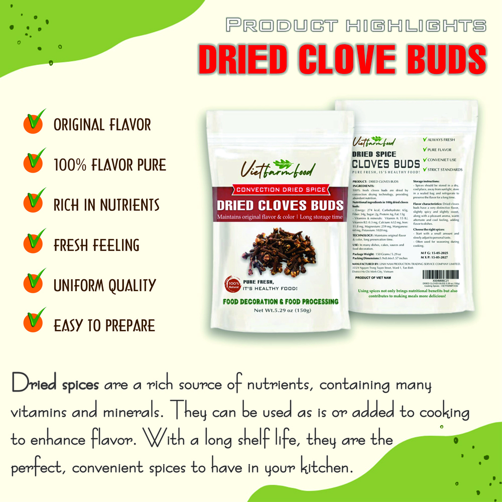 DRIED CLOVE BUDS 5.29 Oz (150g) VIETFARMFOOD: Convection dried spices extract pure natural flavor. Convenient packaging, long-term preservation. Used for cooking, baking, salad, soup, sauce.