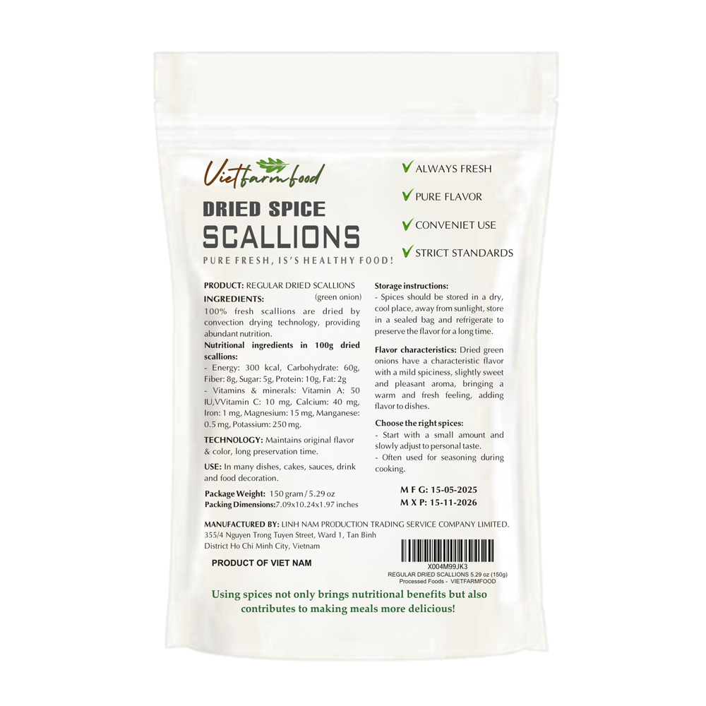 REGULAR DRIED SCALLIONS 5.29 Oz (150g) VIETFARMFOOD: Convection dried spices extract pure natural flavor. Convenient packaging, long-term preservation. Used for cooking, baking, salad, soup, sauce.
