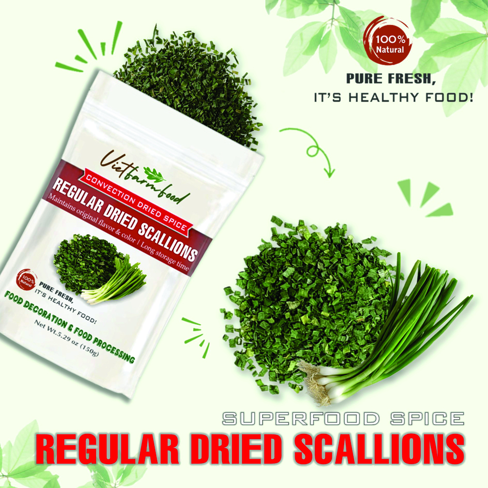 REGULAR DRIED SCALLIONS 5.29 Oz (150g) VIETFARMFOOD: Convection dried spices extract pure natural flavor. Convenient packaging, long-term preservation. Used for cooking, baking, salad, soup, sauce.