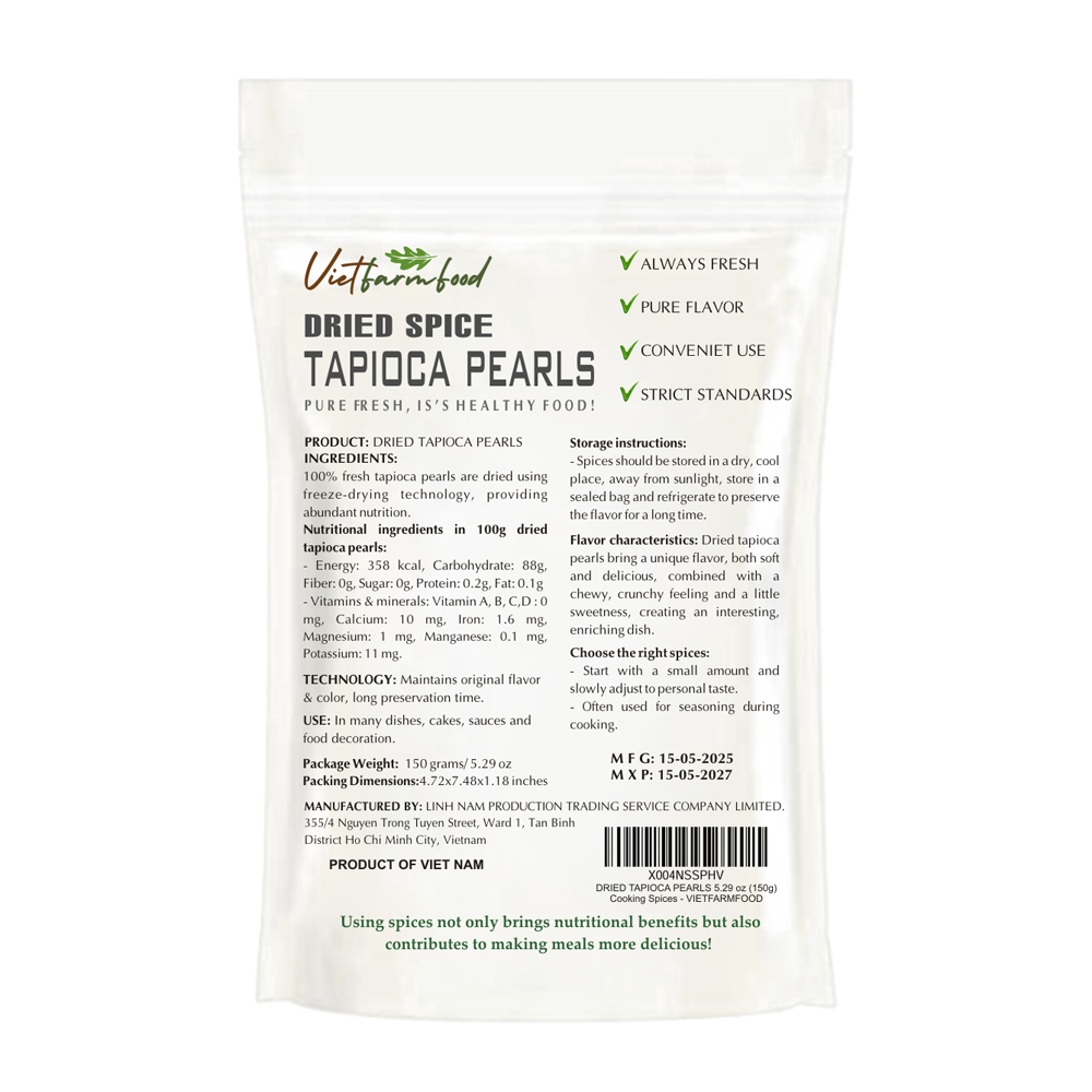 DRIED TAPIOCA PEARLS 5.29 Oz (150g) VIETFARMFOOD: Convection dried spices extract pure natural flavors. Convenient packaging, long-term preservation. Used for cooking, baking, soups, drinks.