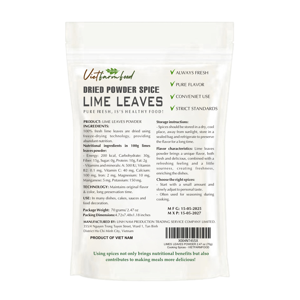LIME LEAVES POWDER 2.47 Oz (70g) VIETFARMFOOD: Freeze-dried spices extract pure natural flavor. Convenient packaging, long-term preservation. Used for cooking, baking, salads, soups, sauces...