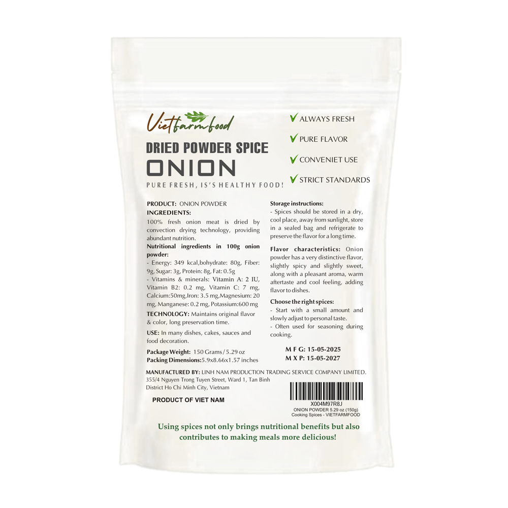 ONION POWDER 5.29 Oz (150g) VIETFARMFOOD: Convection dried spices extract pure natural flavor. Convenient packaging, long-term preservation. Used for cooking, baking, salad, soup, sauce.