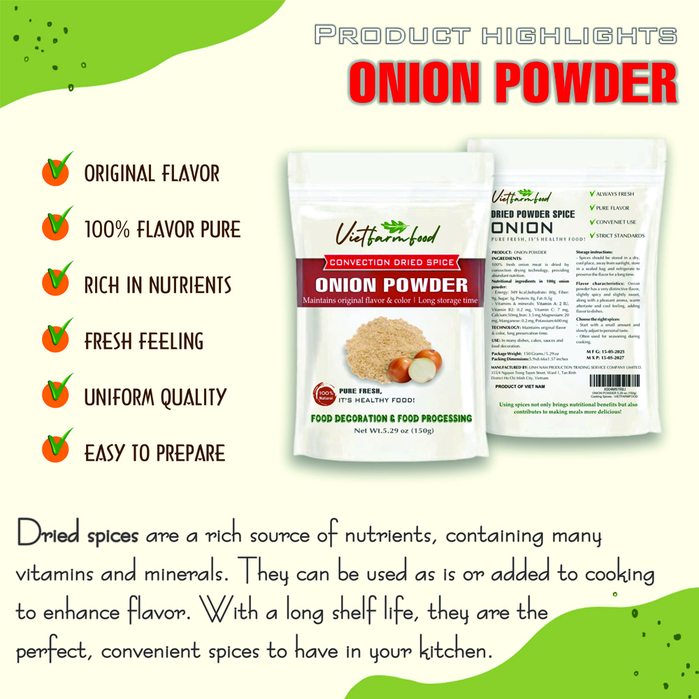 ONION POWDER 5.29 Oz (150g) VIETFARMFOOD: Convection dried spices extract pure natural flavor. Convenient packaging, long-term preservation. Used for cooking, baking, salad, soup, sauce.