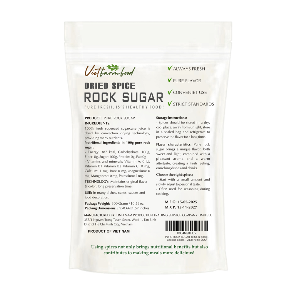 PURE ROCK SUGAR 10.58 Oz (300g) VIETFARMFOOD: Convection dried spices extract pure natural flavor. Convenient packaging, long-term preservation. Used for cooking, baking, salad, soup, sauce.