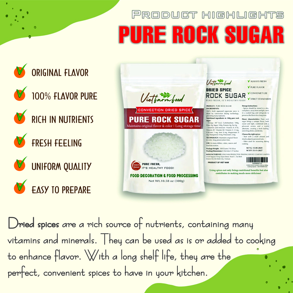 PURE ROCK SUGAR 10.58 Oz (300g) VIETFARMFOOD: Convection dried spices extract pure natural flavor. Convenient packaging, long-term preservation. Used for cooking, baking, salad, soup, sauce.