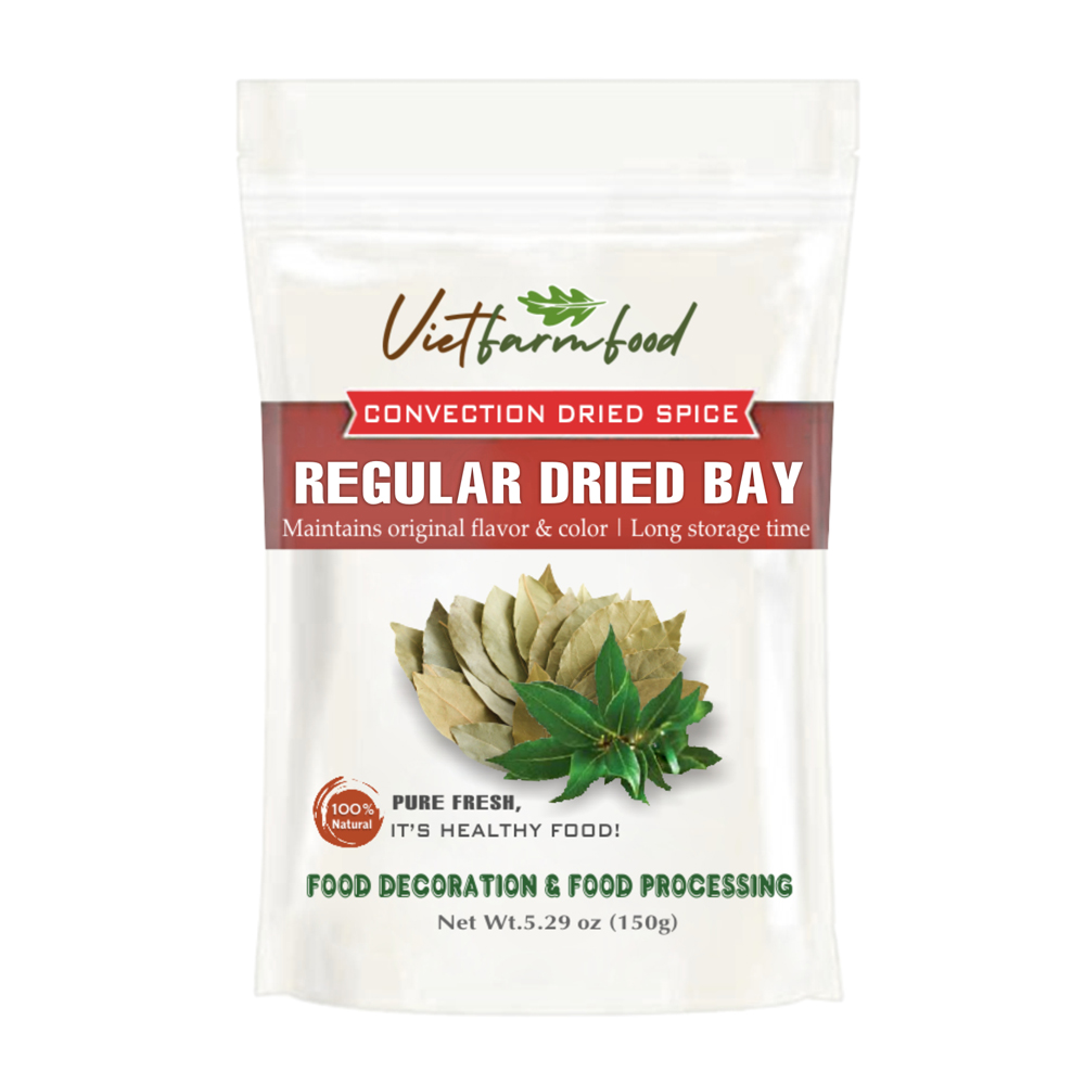 REGULAR DRIED BAY LEAF 5.29 Oz (150g) VIETFARMFOOD: Convection dried spices extract pure natural flavor. Convenient packaging, long-term preservation. Used for cooking, baking, salad, soup, sauce.