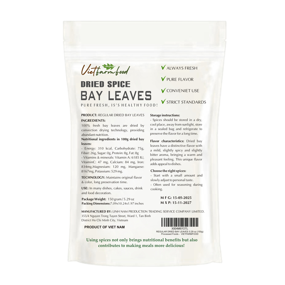 REGULAR DRIED BAY LEAF 5.29 Oz (150g) VIETFARMFOOD: Convection dried spices extract pure natural flavor. Convenient packaging, long-term preservation. Used for cooking, baking, salad, soup, sauce.