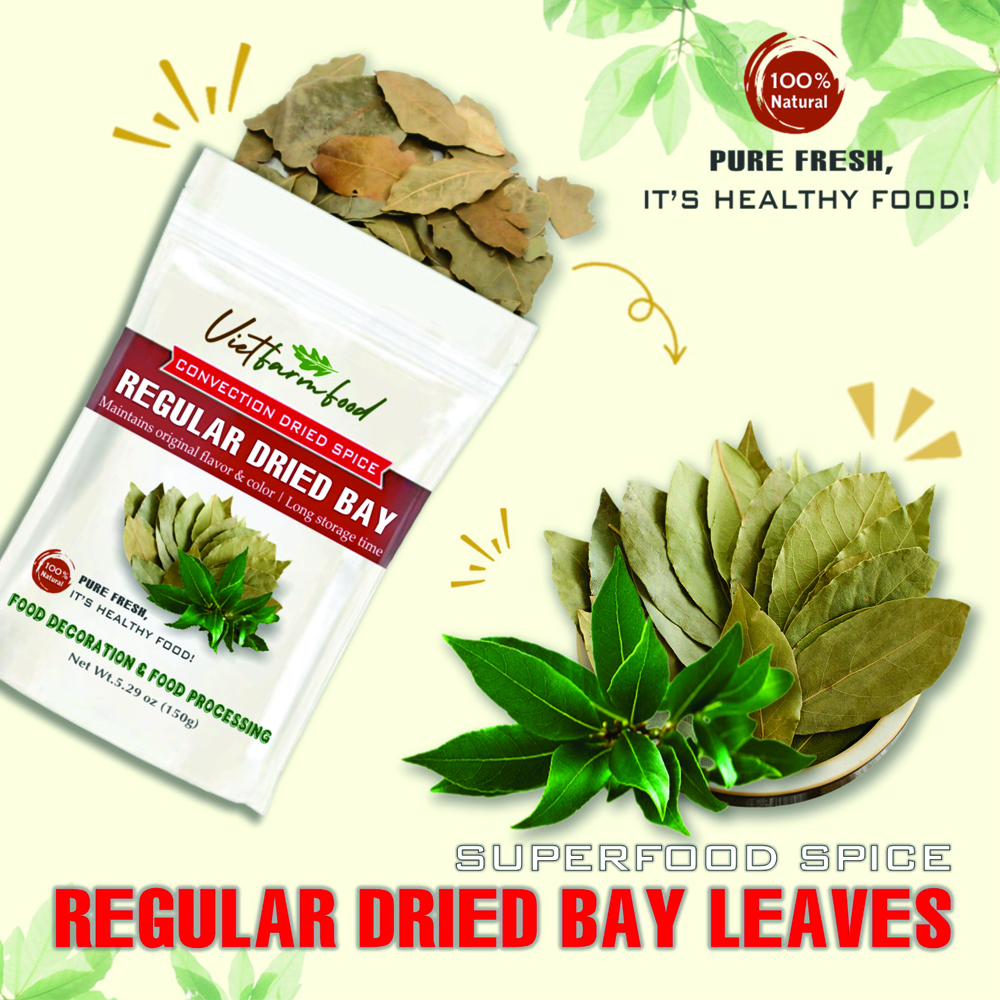 REGULAR DRIED BAY LEAF 5.29 Oz (150g) VIETFARMFOOD: Convection dried spices extract pure natural flavor. Convenient packaging, long-term preservation. Used for cooking, baking, salad, soup, sauce.