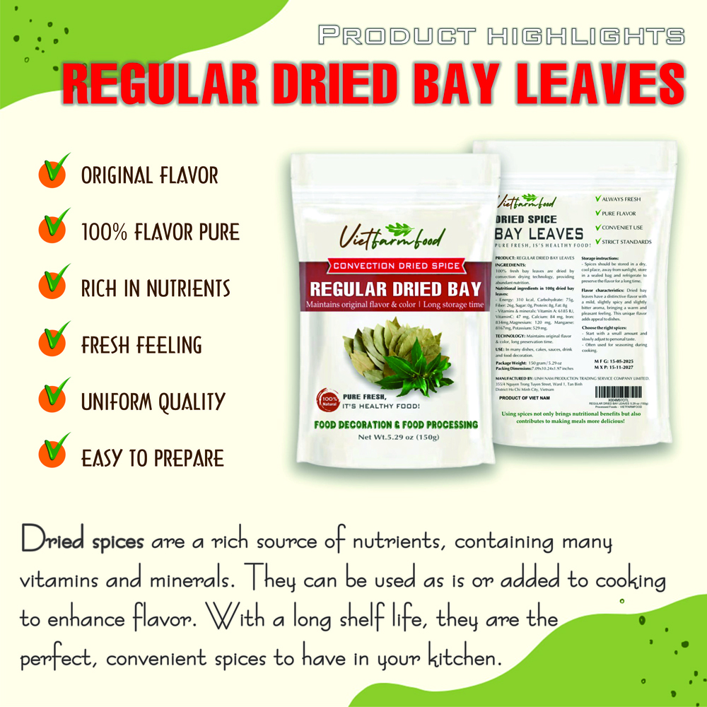 REGULAR DRIED BAY LEAF 5.29 Oz (150g) VIETFARMFOOD: Convection dried spices extract pure natural flavor. Convenient packaging, long-term preservation. Used for cooking, baking, salad, soup, sauce.