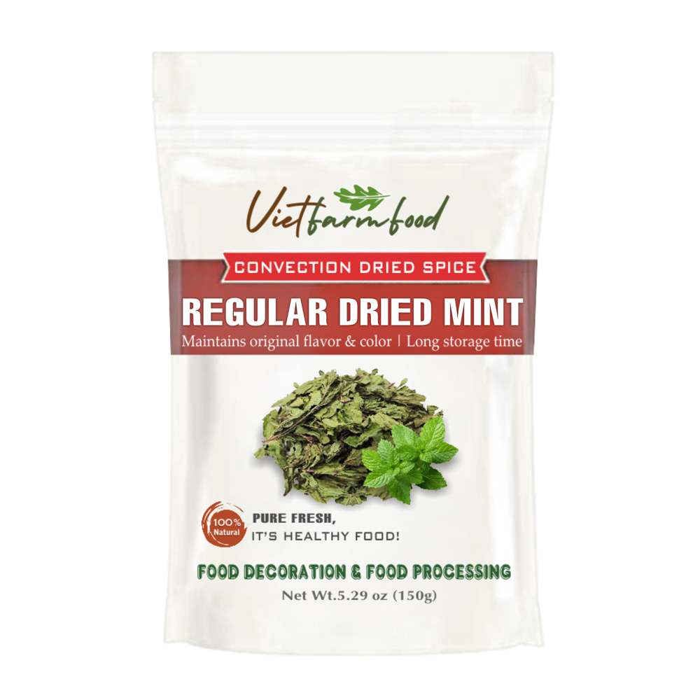 REGULAR DRIED MINT 5.29 Oz (150g) VIETFARMFOOD: Convection dried spices extract pure natural flavor. Convenient packaging, long-term preservation. Used for cooking, baking, salad, soup, sauce.