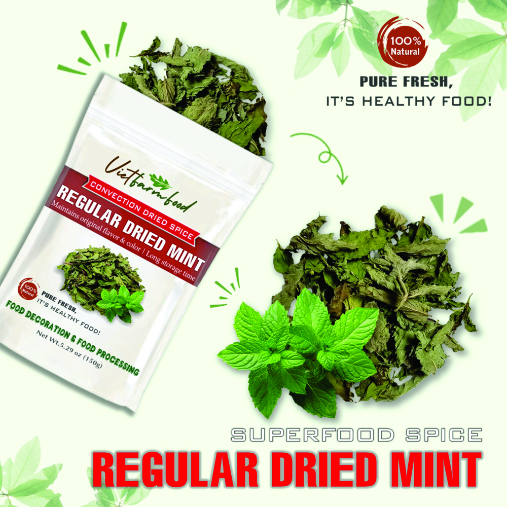 REGULAR DRIED MINT 5.29 Oz (150g) VIETFARMFOOD: Convection dried spices extract pure natural flavor. Convenient packaging, long-term preservation. Used for cooking, baking, salad, soup, sauce.