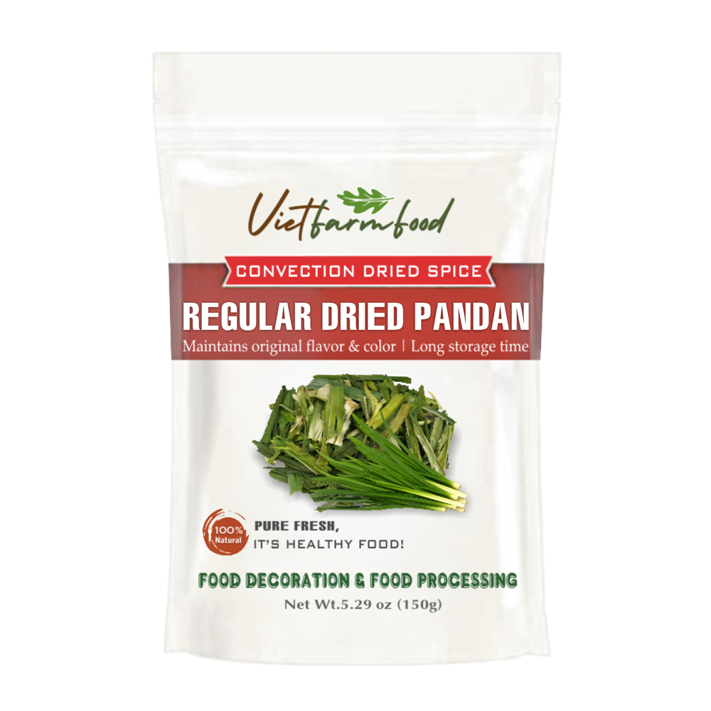 REGULAR DRIED PANDAN 5.29 Oz (150g) VIETFARMFOOD: Convection dried spices extract pure natural flavor. Convenient packaging, long-term preservation. Used for cooking, baking, salad, soup, sauce.